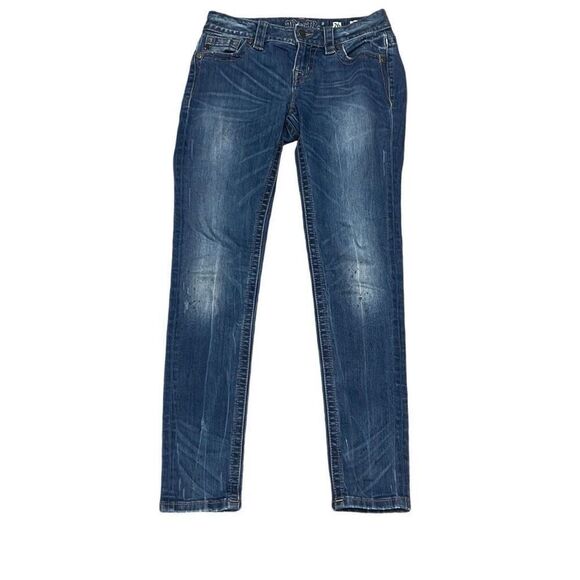 Miss Me 26 X 29 Skinny Mid Rise Denim Jeans Blue 5 Pockets Stretch Distressed - Picture 1 of 12